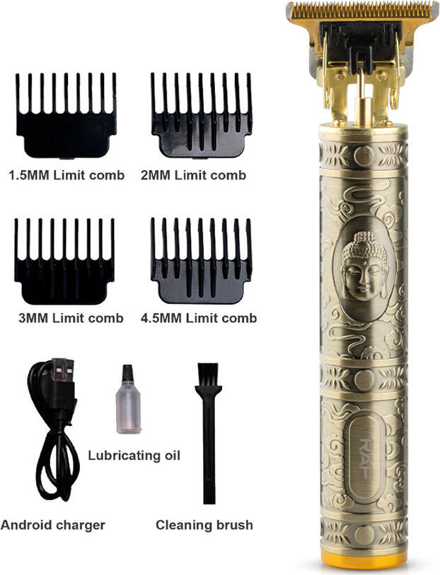 Raf R.430 Professional Hair Clipper, 5W 7200rpm, Stainless Steel Self-Sharpening Blades, Gold Metal Body with Buddha Relief, USB Charging, Kit