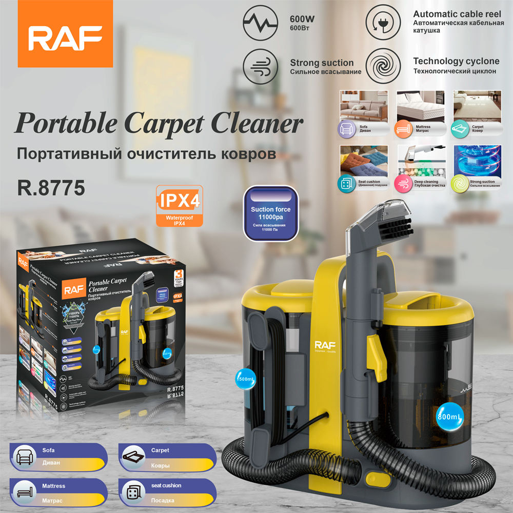 Raf R.8775 Portable Carpet Cleaner and Wet & Dry Vacuum, 600W, 11000Pa Suction, 800ml Clean Water Tank, Dual Tank System, for Sofas, Mattresses, Upholstery