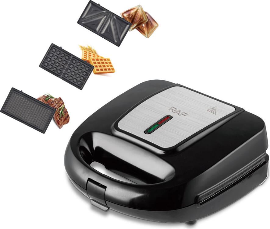RAF R.594R 3-in-1 Multifunctional Sandwich Maker, 750W, Non-stick Detachable Plates for Sandwich, Grill, Waffle, Cool-touch Handle, Black