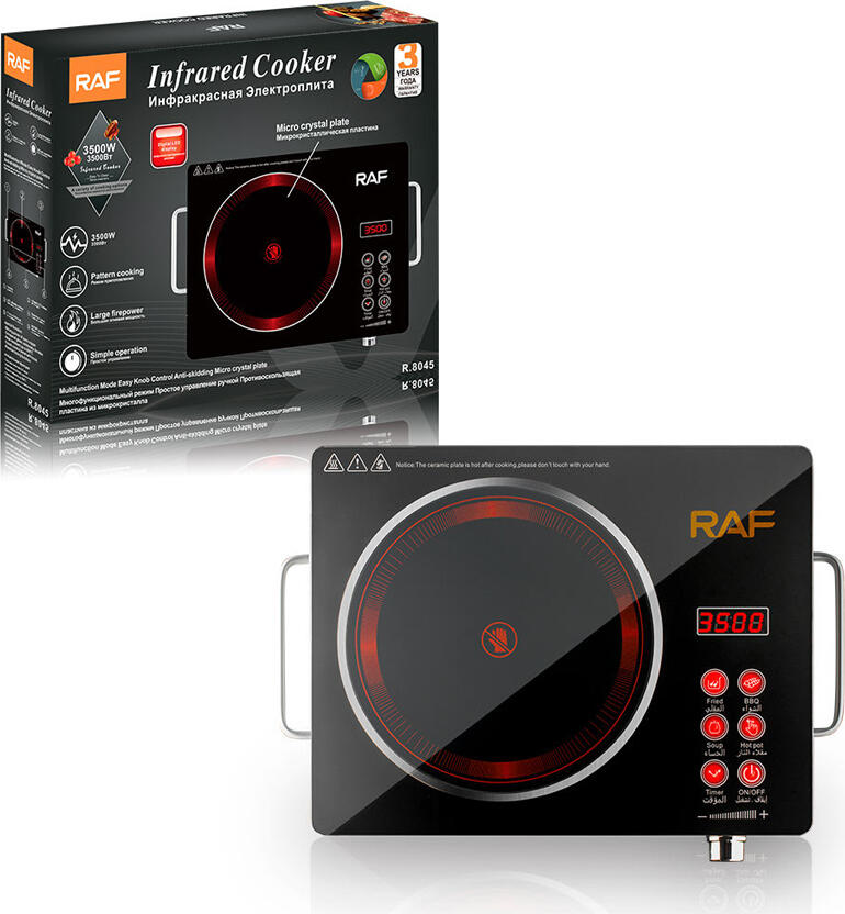 Plita electrica cu infrarosu Raf R.8045B 3500W, Placa Ceramica Micro-cristal, Control Touch LED, 4 Moduri de Gatire, Sticla Temperata, Neagra