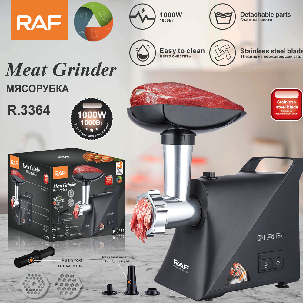 Masina de tocat carne Raf R.3364 1000W, Motor Aluminiu 1.3 HP, Cutite Inox, Carcasa Plastic ABS, cu Accesorii pentru Salamuri si Kubbe, Negru