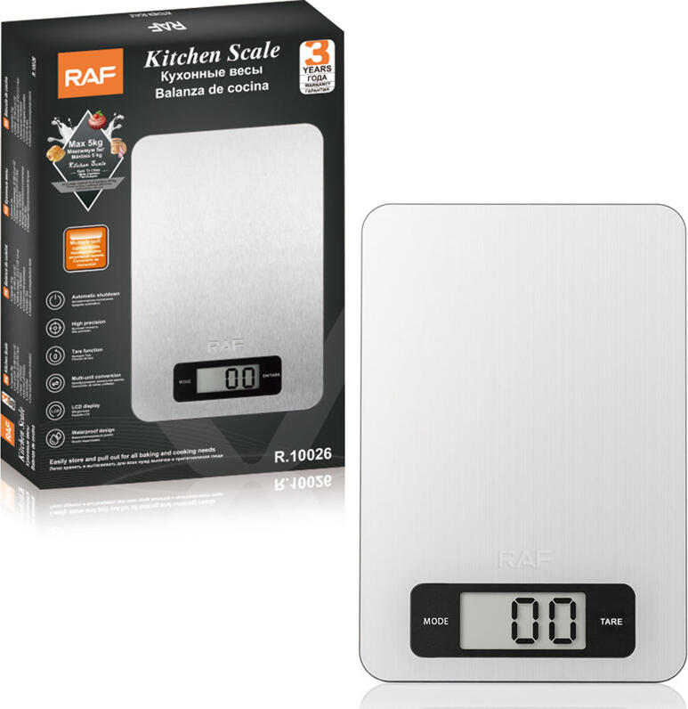 Raf R.10026 Digital Kitchen Scale, 5kg Max Capacity, 1g Precision, Stainless Steel Surface, LCD Display, Tare Function, Unit Conversion, Silver