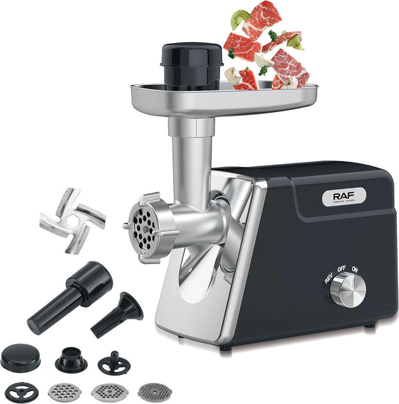 Masina de tocit carne electrica Raf R.3405 800W, Corp din Metal si ABS, Functie Reverse, cu Discuri de Tocma si Accesoriu pentru Salamuri, Neagra