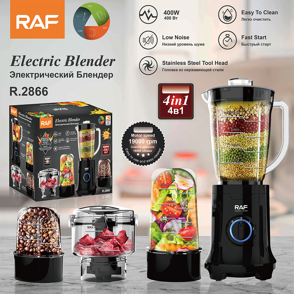 Raf R.2866 4-in-1 Electric Blender and Grinder, 400W, 19000 RPM, 0.8L Jar, Stainless Steel Blades, 2 Speed Levels, Black