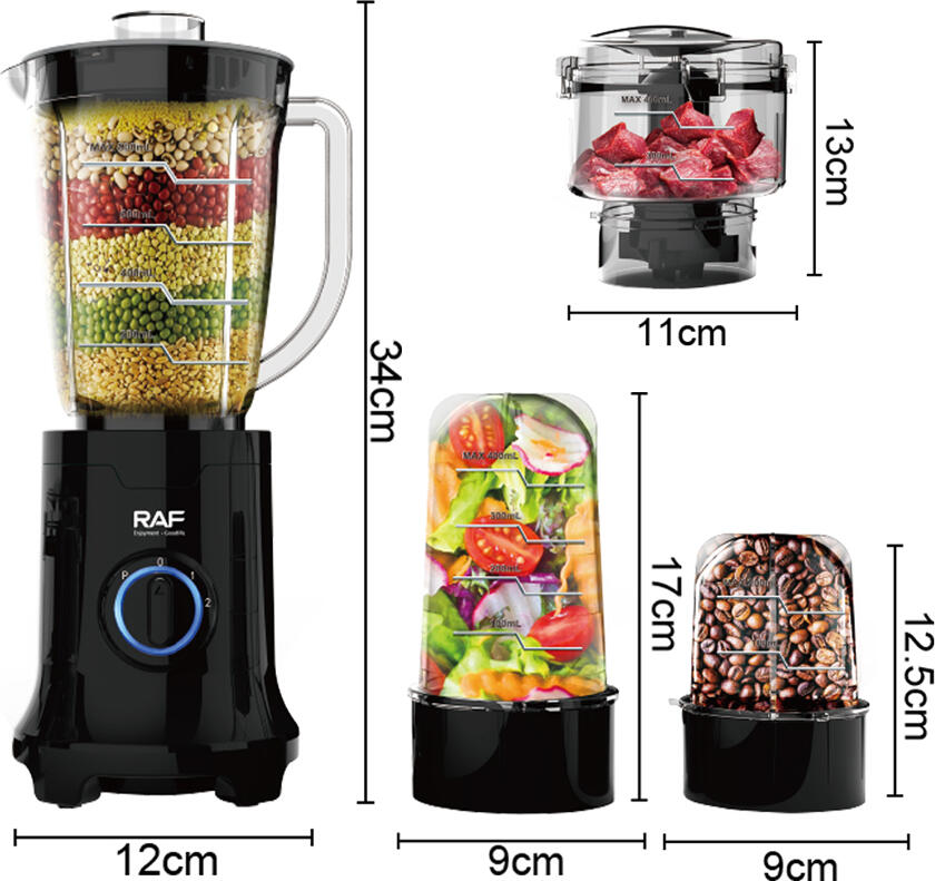 Raf R.2866 4-in-1 Electric Blender and Grinder, 400W, 19000 RPM, 0.8L Jar, Stainless Steel Blades, 2 Speed Levels, Black