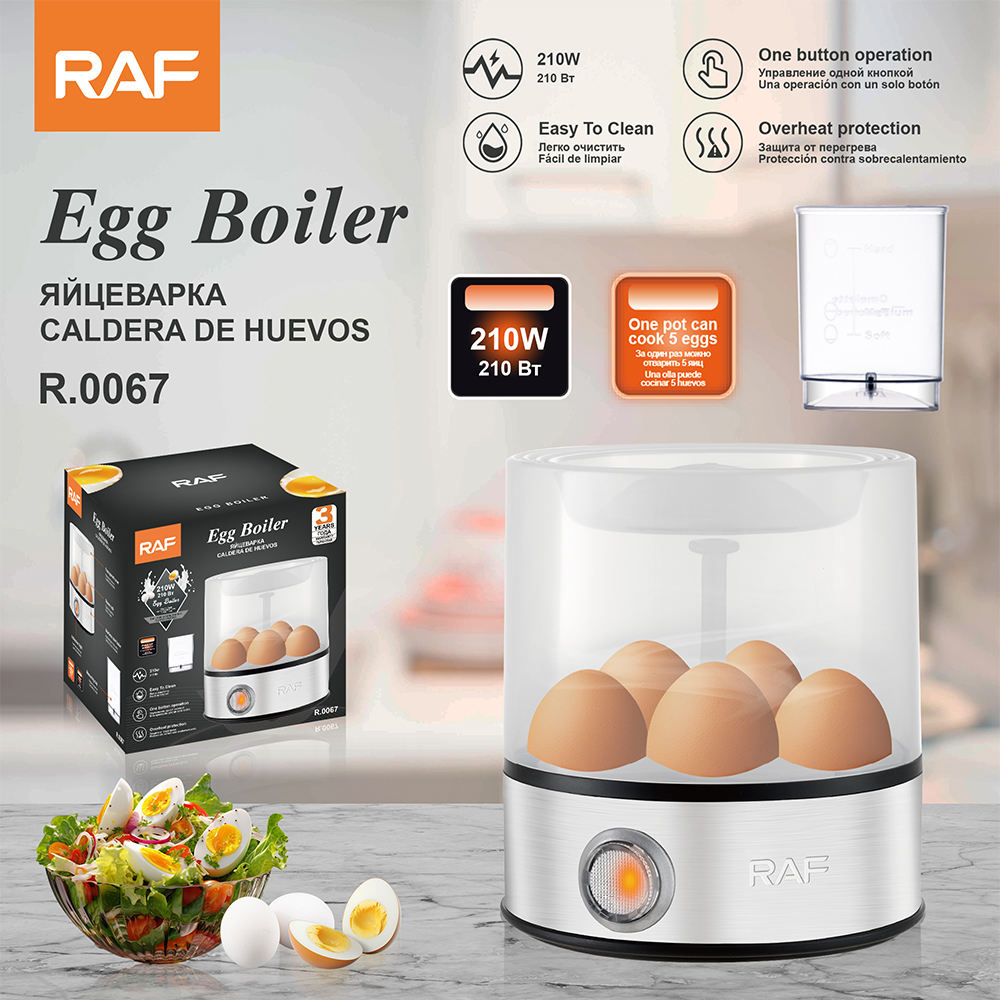 Raf R.0067 Electric Egg Boiler, 210W Egg Cooker, Capacity up to 6 Eggs, Auto Shut-off, Overheat Protection, Stainless Steel and ABS Plastic, White