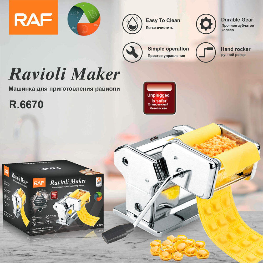 Raf R.6670 Manual Ravioli Maker, Stainless Steel and Plastic Pasta Machine with Crank Handle, Simultaneous Pressing and Cutting, Silver