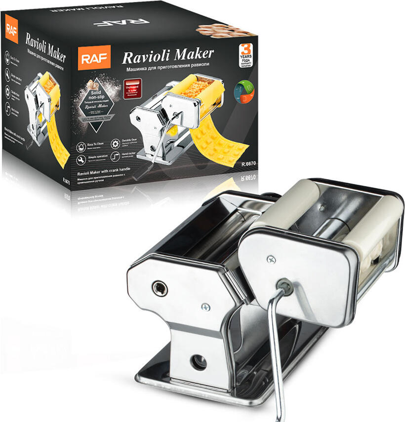 Raf R.6670 Manual Ravioli Maker, Stainless Steel and Plastic Pasta Machine with Crank Handle, Simultaneous Pressing and Cutting, Silver