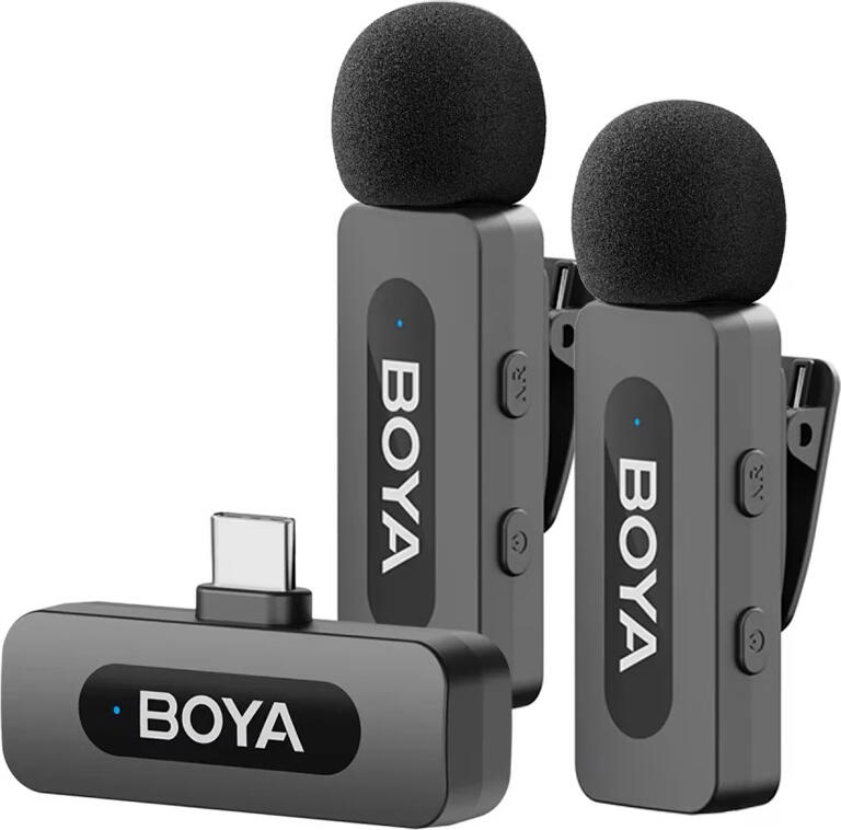 Boya BY-V30 Dual-Channel 2.4GHz Wireless Microphone System for USB-C, Noise Cancellation, 100m Range, 36h Battery with Charging Case, Black