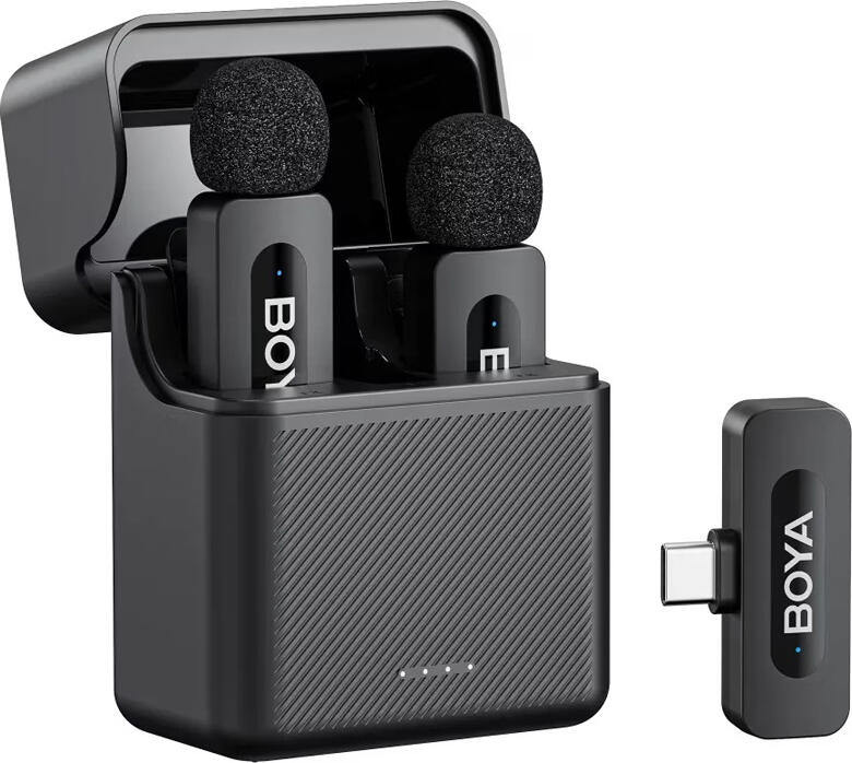 Boya BY-V30 Dual-Channel 2.4GHz Wireless Microphone System for USB-C, Noise Cancellation, 100m Range, 36h Battery with Charging Case, Black