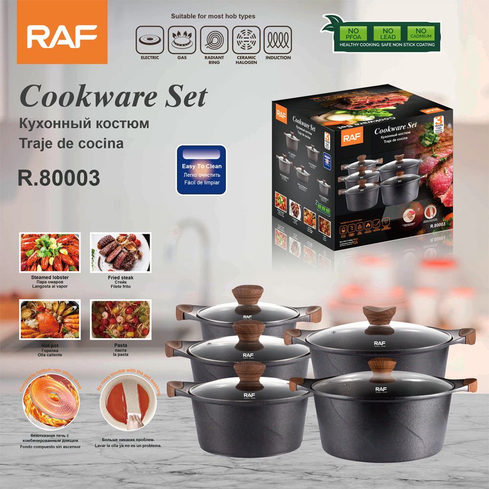 Raf R.80003 Non-Stick Aluminum Cookware Set, Black, 5 Pots with Glass Lids, Composite Bottom for Induction, Gas, Electric, Ceramic, PFOA-Free