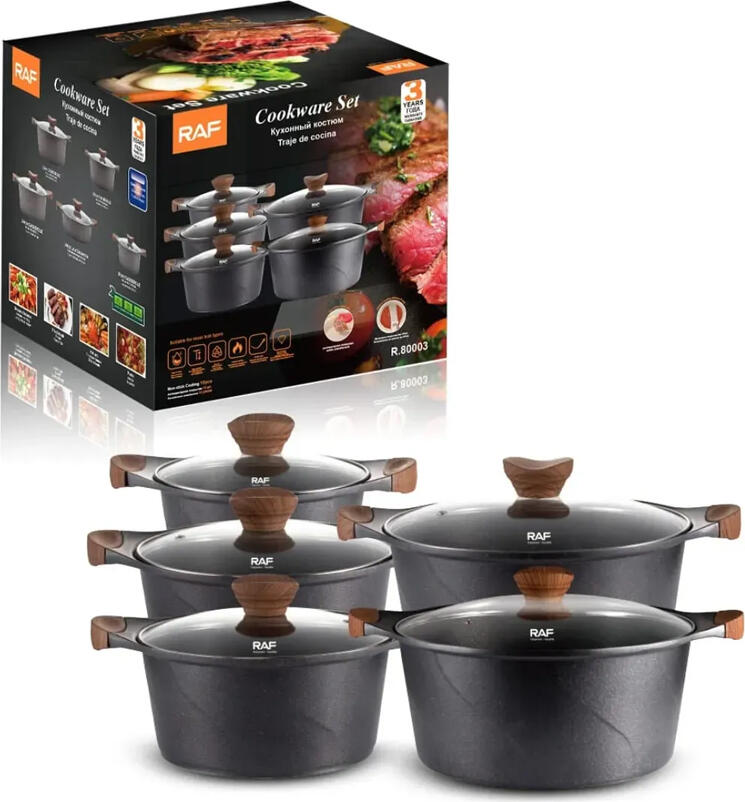 Raf R.80003 Non-Stick Aluminum Cookware Set, Black, 5 Pots with Glass Lids, Composite Bottom for Induction, Gas, Electric, Ceramic, PFOA-Free