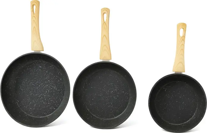 Set Tigi Raf R.80008, Set 3 Piese Tigi 20cm 24cm 28cm, Înveliș Ceramic Antiaderent, Mânere Ergonomice Efect de Lemn, Negru