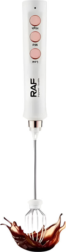 Mixer Portabil 3-in-1 Raf R.342W pentru Spumare Lapte si Batut Oua, 80W, 3 Viteze, Material ABS, cu 3 Capete Interschimbabile si Suport, Alb
