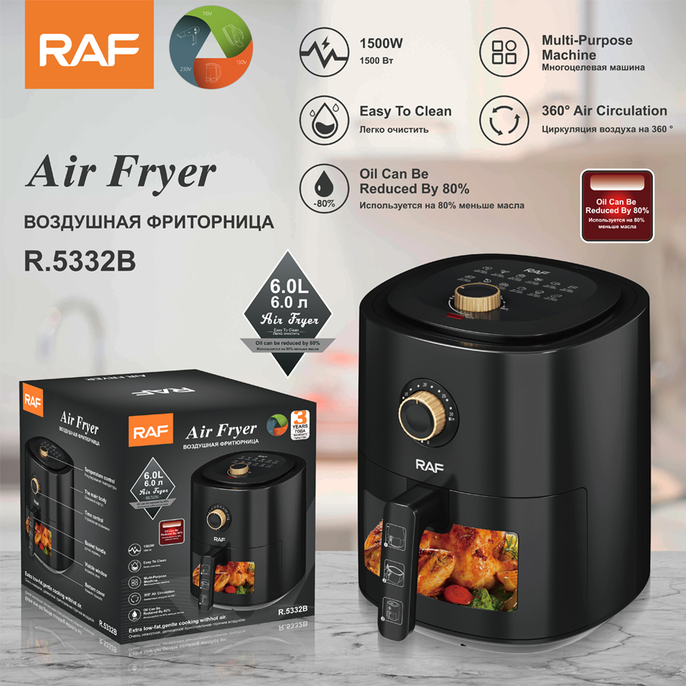 Frigitore cu aer cald Raf R.5332B, Capacitate 6L, 1500W, 12 Programe Digitale, Circulatie Rapida de Aer 360 grade, Fereastra Transparenta, Negru