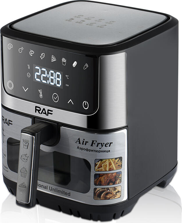 Raf R.5350 Digital Air Fryer, 7-8L Capacity, 1300-1600W, Black Steel, Transparent Viewing Window, Hot Air Circulation, Removable Basket, Timer