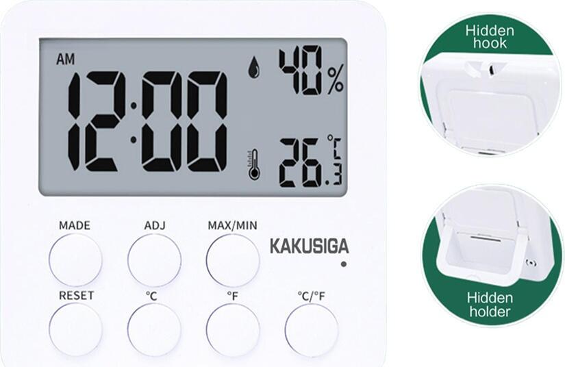 KAKUSIGA KSC-1741 Digital Clock, Thermometer and Hygrometer with LCD Display, Alarm, Desktop Stand and Wall Hook, White ABS Plastic