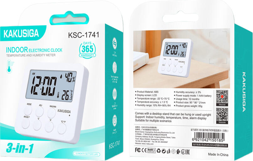 KAKUSIGA KSC-1741 Digital Clock, Thermometer and Hygrometer with LCD Display, Alarm, Desktop Stand and Wall Hook, White ABS Plastic