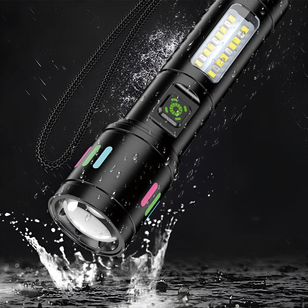 KAKU KSC-1578 LED Flashlight, 10W Aluminum Alloy Torch with Telescopic Zoom, Dual Front LED and Side COB Lighting, 1200mAh Battery, USB Type-C