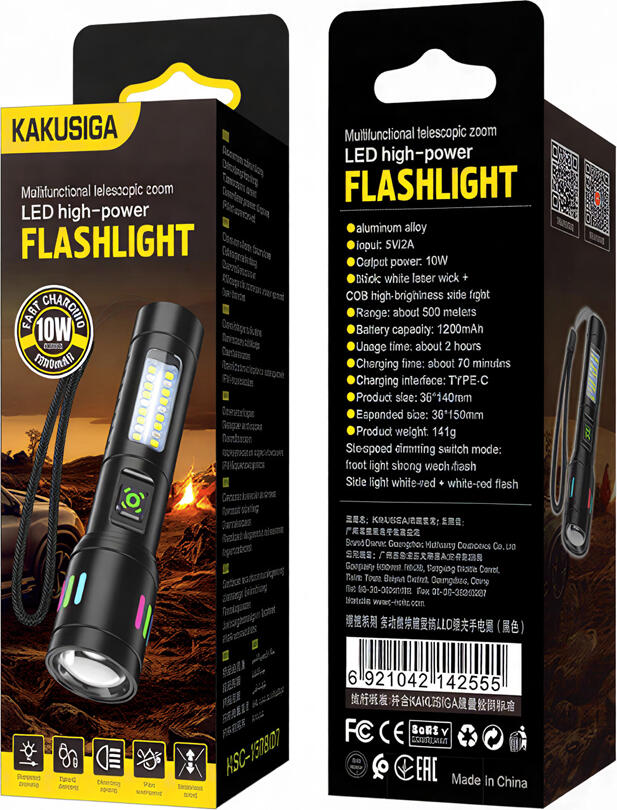 KAKU KSC-1578 LED Flashlight, 10W Aluminum Alloy Torch with Telescopic Zoom, Dual Front LED and Side COB Lighting, 1200mAh Battery, USB Type-C
