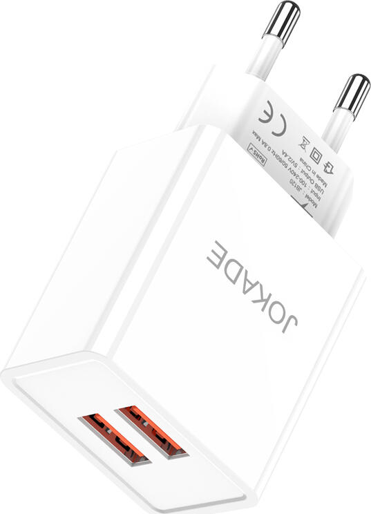 Jokade JB120 Wall Charger, 20W Dual USB Type-A Ports, 5V 5A Max Output, Fireproof PC and ABS Material, EU Plug, CE RoHS Certified