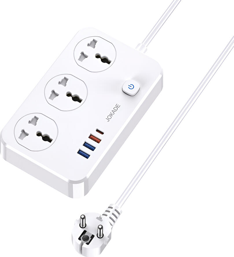 Jokade JB058 Borui Series Multi-function Safety Socket, White, 3 Universal AC Outlets, 4 USB Ports (1 USB-C, 3 USB-A) 18W, 2500W Max, Fireproof PC, EU Plug