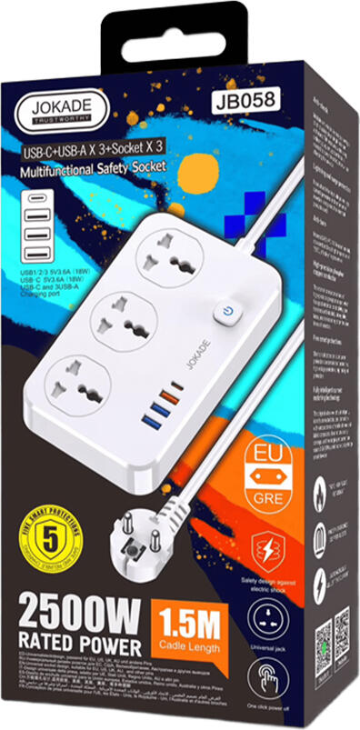Jokade JB058 Borui Series Multi-function Safety Socket, White, 3 Universal AC Outlets, 4 USB Ports (1 USB-C, 3 USB-A) 18W, 2500W Max, Fireproof PC, EU Plug