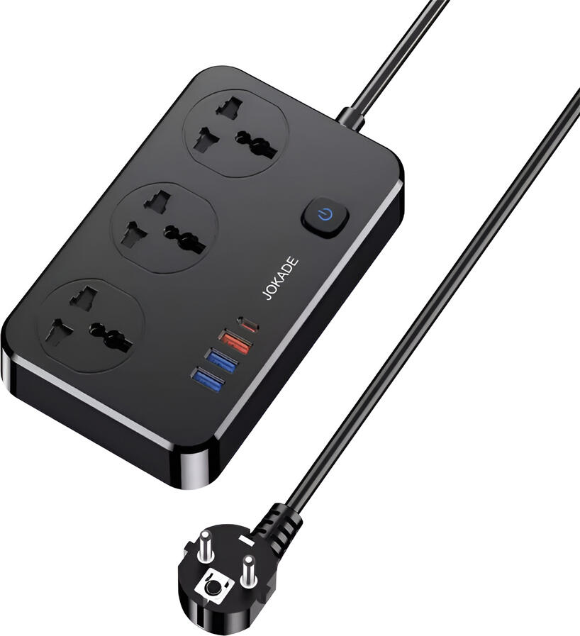 Jokade JB058 Borui Series Multi-function Safety Socket, Black, 3 Universal AC Outlets, 4 USB Ports (1 USB-C, 3 USB-A) 18W, 2500W Max, Fireproof PC, EU Plug