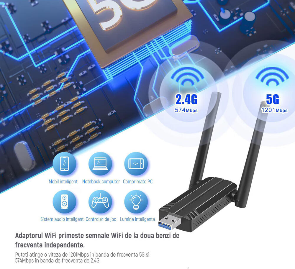 Adaptor USB 3.0 Wi-Fi 6 1800Mbps RTL8812BU Dual Band 2.4GHz 5GHz Placa Retea Wireless cu 2 Antene Externe High-Gain si Securitate WPA3