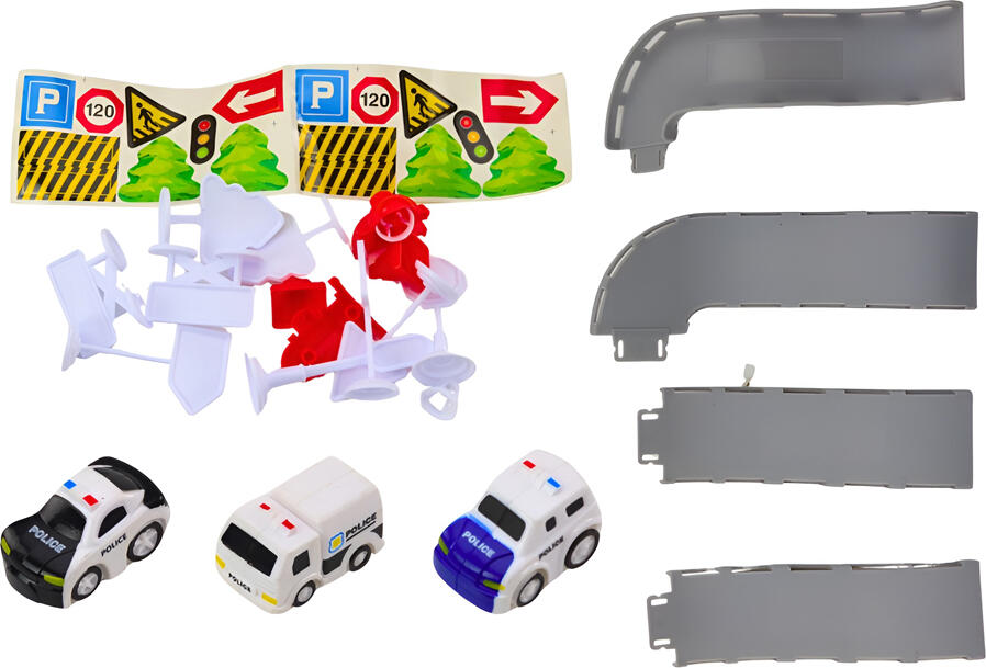 Set de Joaca Avion de Transport Cargo Seria Politie, cu 3 Vehicule de Politie din Metal, Mecanism Pull-back, Lumini LED, Sirene, 300x250x140mm