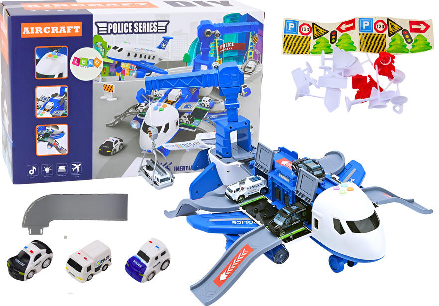 Set de Joaca Avion de Transport Cargo Seria Politie, cu 3 Vehicule de Politie din Metal, Mecanism Pull-back, Lumini LED, Sirene, 300x250x140mm