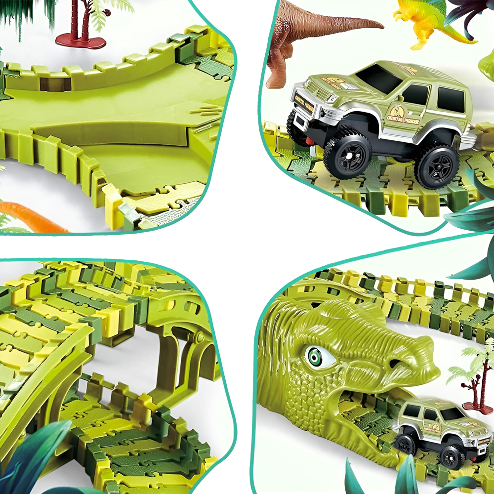 DMLink Dinosaur Flexible Track Toy Set XC256A, 291 Pieces ABS Plastic Bendable Track with 2 Electric Off-Road Vehicles and 8 Dinosaur Figures