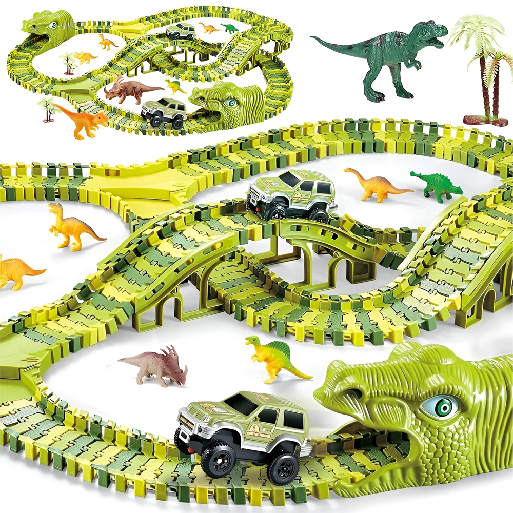 DMLink Dinosaur Flexible Track Toy Set XC256A, 291 Pieces ABS Plastic Bendable Track with 2 Electric Off-Road Vehicles and 8 Dinosaur Figures