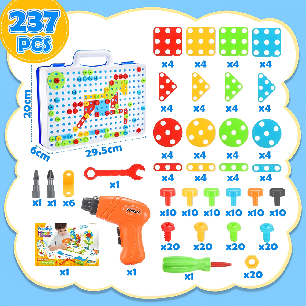 Set Jucarie Mozaic Creativ cu Bormina 237 Piese, Kit Educativ STEM din Plastic ABS sigur, pentru Copii peste 3 Ani