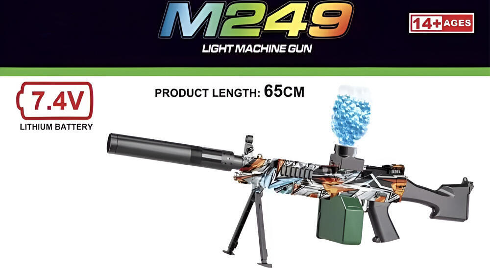 Электрический гель-бластер M249 LYM-018B-2, литиевый аккумулятор 7.4V, материал ABS, скорострельный водный пистолет для улицы, длина 65 см