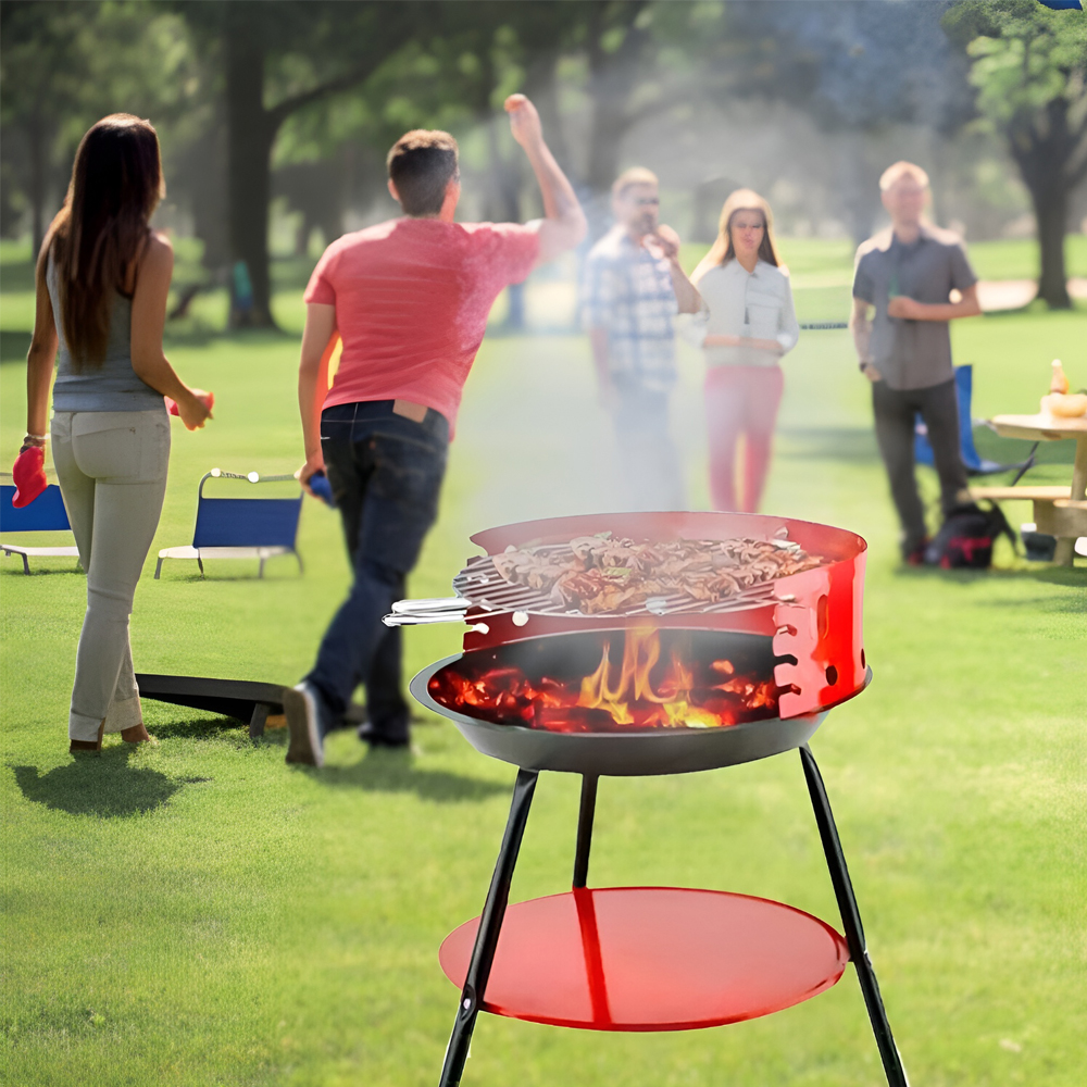 Triangular Folding Iron Sheet BBQ Grill Furnace, High-Temperature Steel, 355mm Diameter, 3-Level Adjustable Height, Wind Shield, Camping Outdoor Grill