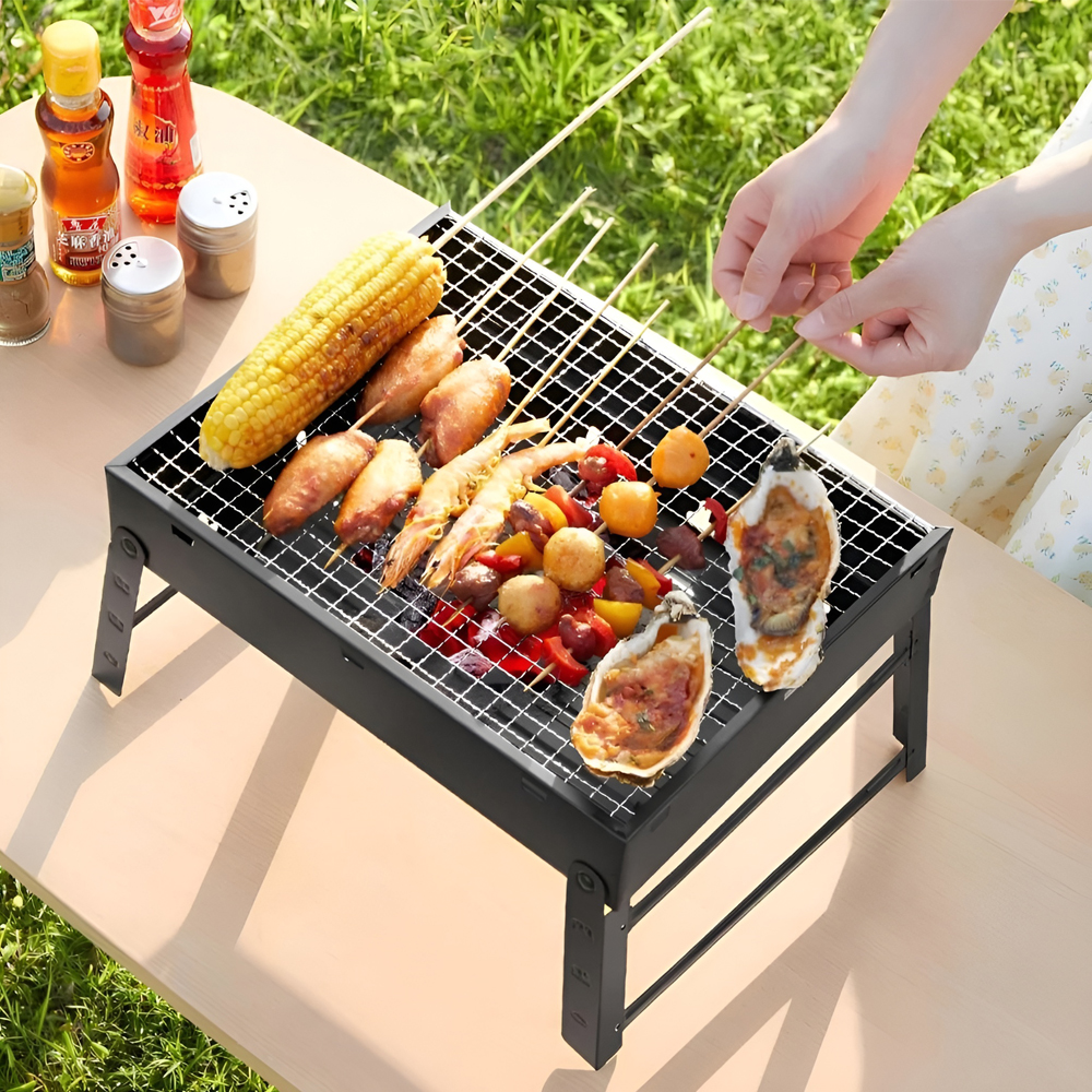 DMLink TL372 Portable Outdoor Charcoal BBQ Grill, Foldable Steel Rectangular Grill for Camping and Garden, Black, 290 x 490 x 230 mm