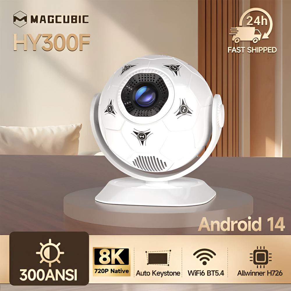 Magcubic HY300F World Cup Edition Projector, Android 14, Allwinner H726, 1GB RAM, 8GB ROM, 300 ANSI Lumens, HD 720p, 8K Support, WiFi 6, BT 5.4, White