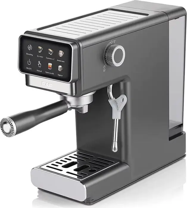 aparat de cafea espresso semi-automat Raf R.0208, 1300W, Presiune 20 bar, Rezervor apa 1.2L, Ecran LCD, Tub pentru spumare lapte, Inox si Plastic Gri