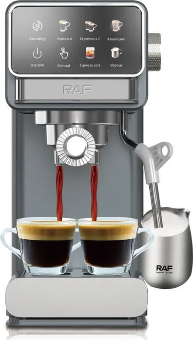 aparat de cafea espresso semi-automat Raf R.0208, 1300W, Presiune 20 bar, Rezervor apa 1.2L, Ecran LCD, Tub pentru spumare lapte, Inox si Plastic Gri