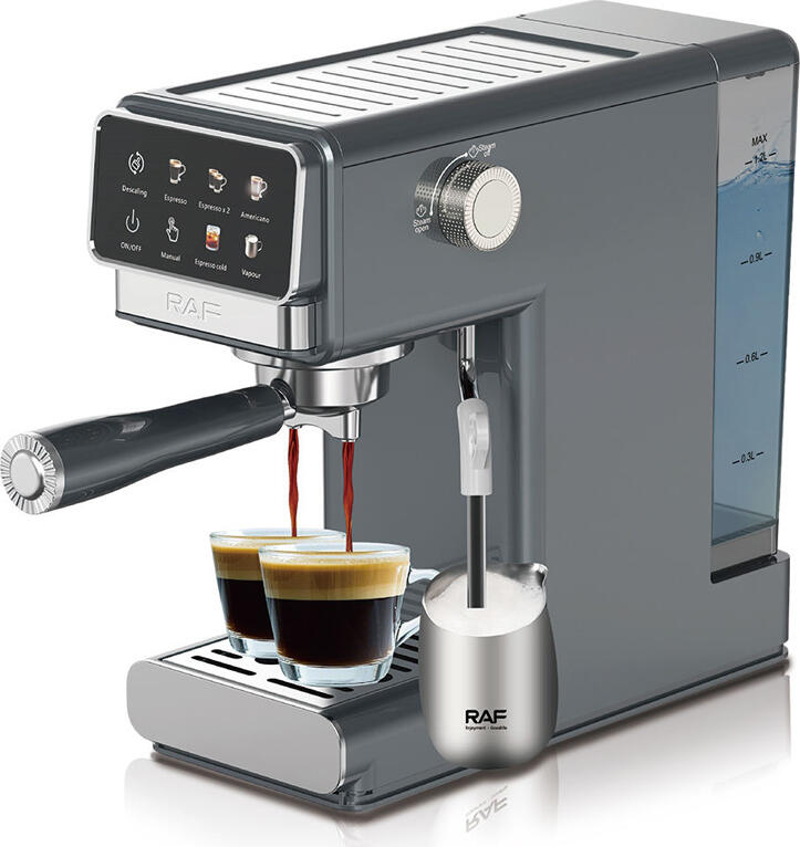 aparat de cafea espresso semi-automat Raf R.0208, 1300W, Presiune 20 bar, Rezervor apa 1.2L, Ecran LCD, Tub pentru spumare lapte, Inox si Plastic Gri