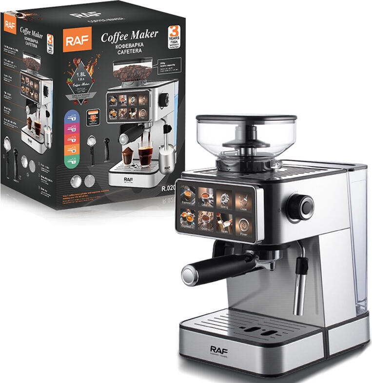aparat de cafea espresso semi-automat Raf R.0206, 1600W, 20 Bar, Boiler Dublu, Control PID, Rasnita Integrata, Rezervor 1.8L, Ecran Tactil 7 inch, Inox