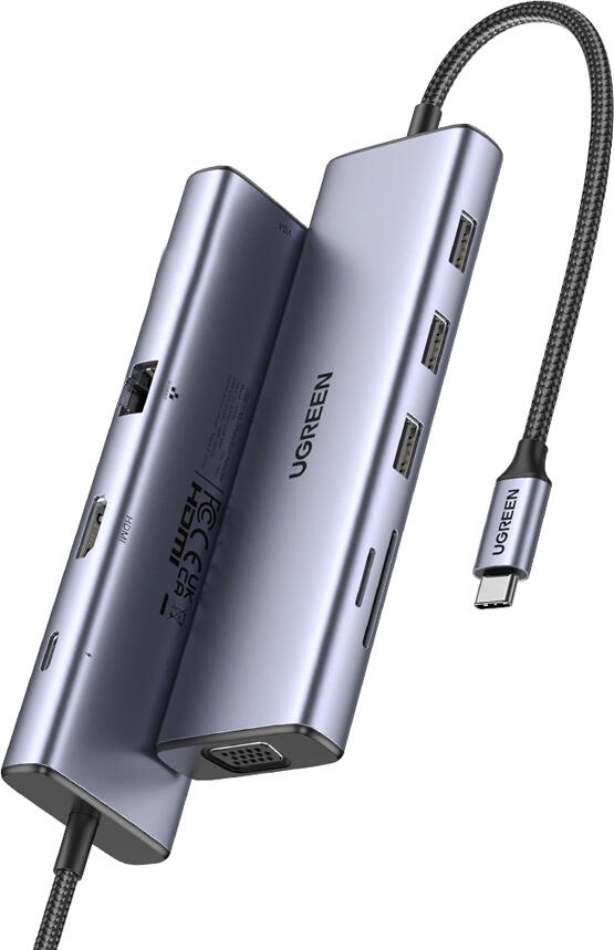 Hub UGREEN CM498 9-in-1 USB-C, HDMI 4K, VGA, Power Delivery 100W PD, Ethernet Gigabit RJ45, 3x USB 3.0, Cititor Card SD/TF, Aliaj Aluminiu, Gri