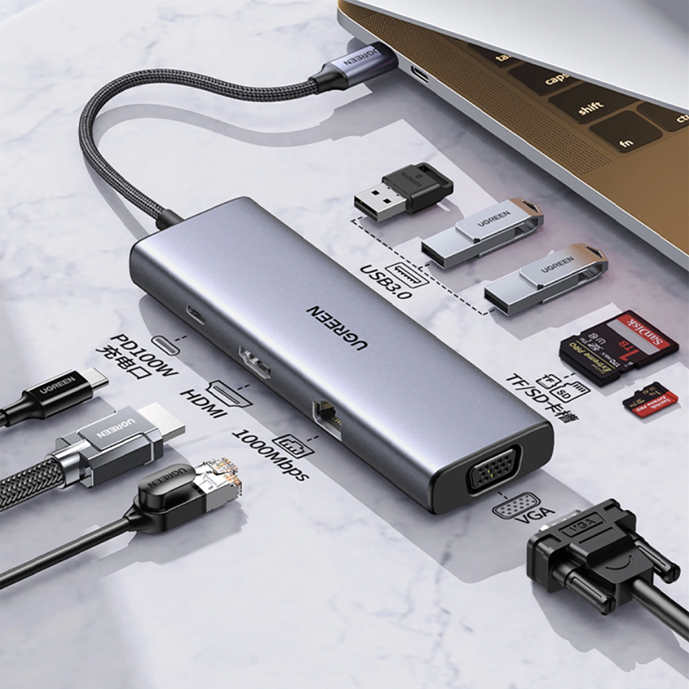 Hub UGREEN CM498 9-in-1 USB-C, HDMI 4K, VGA, Power Delivery 100W PD, Ethernet Gigabit RJ45, 3x USB 3.0, Cititor Card SD/TF, Aliaj Aluminiu, Gri