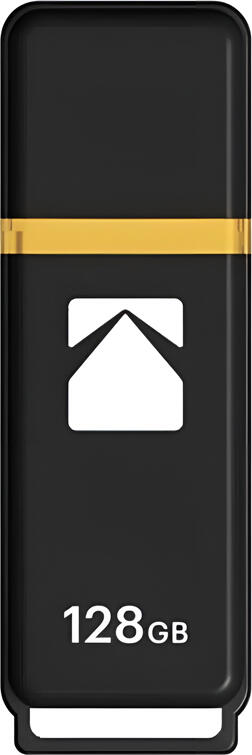 Kodak K100 Classic USB 3.2 Gen 1 Flash Drive, 128GB, High-Speed Storage, Black Matte Plastic Casing with Transparent Yellow Neck and Clip Cap