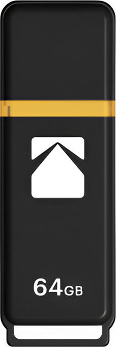 Kodak Classic K100 USB 3.2 Gen 1 Flash Drive, 64GB Storage, Black Matte Plastic Casing with Transparent Yellow Neck and Clip-on Protective Cap