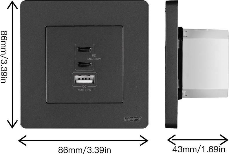 Moes Star Ring Socket 30W GaN Wall-Mounted Charger, Grey, 3 Ports (2x USB-C PD 30W, 1x USB-A QC 18W), Fast Charging Power Adapter, 86x86x43mm