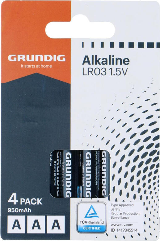 Grundig Alkaline Batteries AAA LR03 1.5V 950mAh Mercury and Cadmium Free for Remote Controls, Toys and Portable Devices