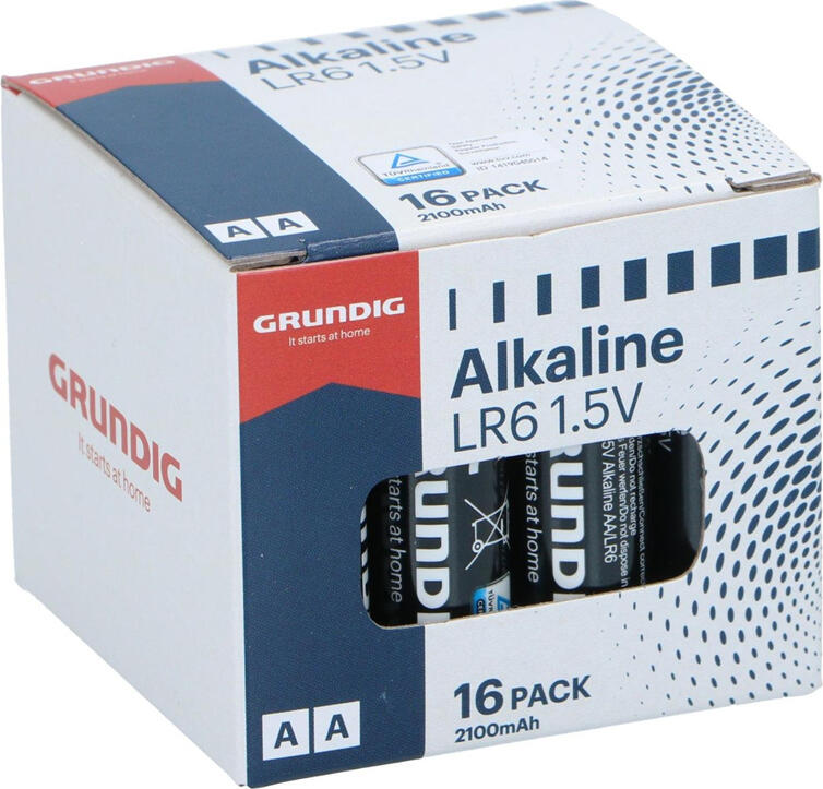 Grundig Alkaline AA LR6 Batteries 1.5V 2100mAh High Capacity Stable Energy Delivery for Remote Controls, Toys, Flashlights, Cameras