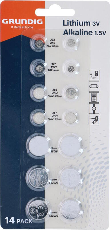 GRUNDIG Set Battery Buttoncell AG3/4/12/13 CR2016/2025/2032 14pcs Blister